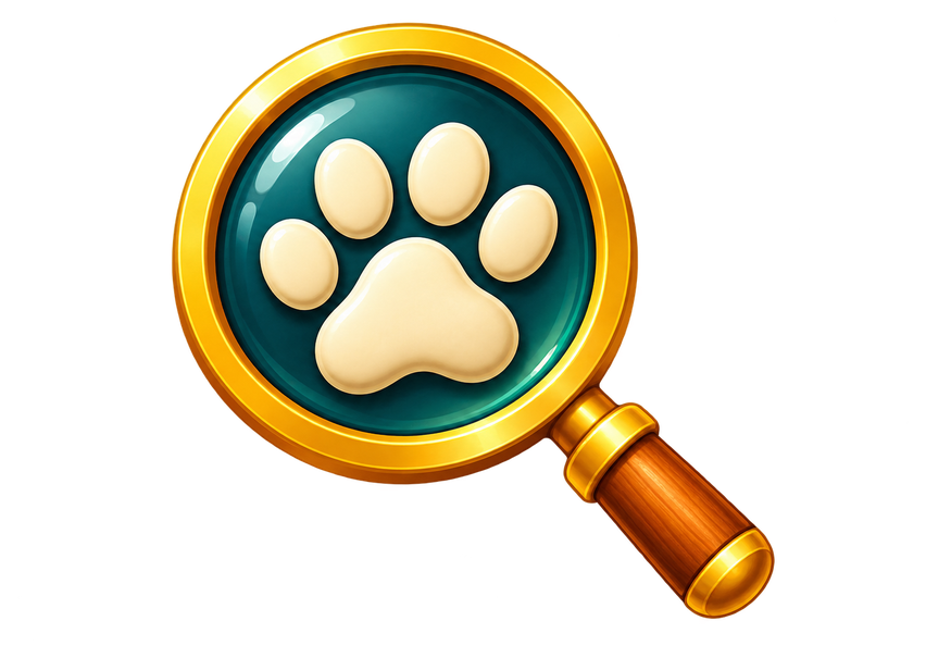 Animal Detective: a golden magnifying glass with a cream paw print in the lens