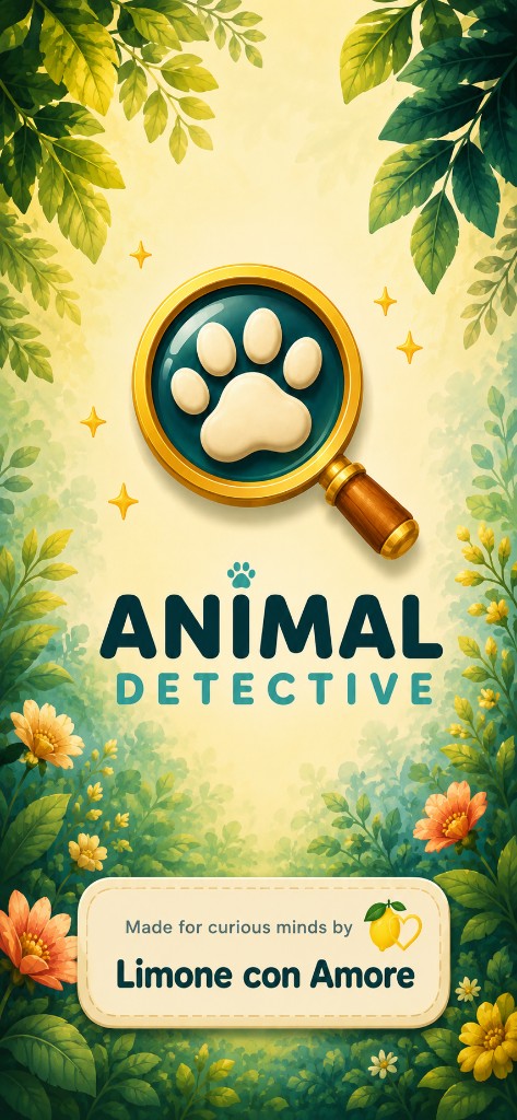 Animal Detective artwork: a golden magnifying glass with a paw print, framed by garden leaves and flowers